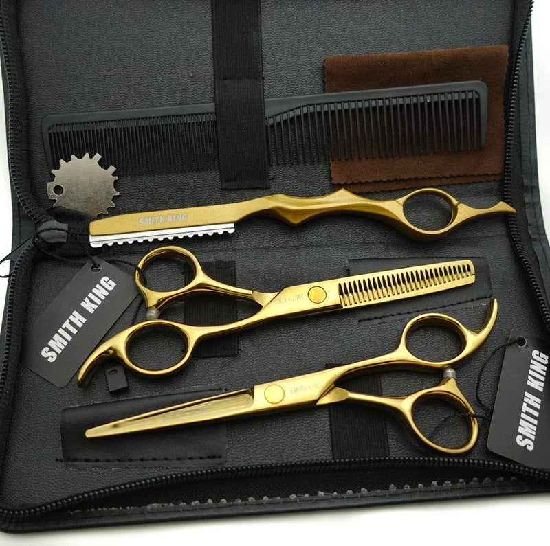 Smithking 5.5 Inches Hair Cutting Scissors Set with Razor Combs Lether Scissors Case,Hair Cutting Shears Hair Thinning Shears for Personal and Professional (Gold) - Image 2
